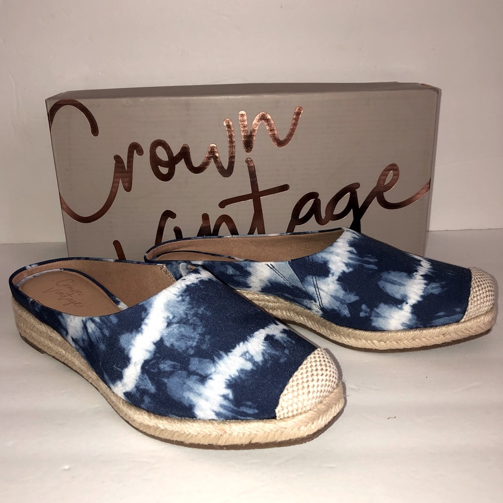 Crown Vintage Brand “Lonari” Blue & White Wedge Espadrille Slides, Sz 7.5